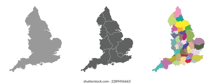 England map set of grey and multicolor administrations regions map 