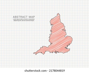 England map of vector color silhouette chaotic hand drawn scribble sketch on grid paper.