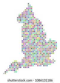 England map. Vector composition of geographic scheme. Regular pattern is combined from x-cross pixels in different colors.
