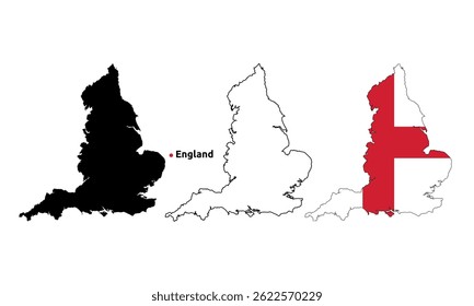 England Map Vector - Country Outline, Flag Inside Map, Blank and Silhouette Version