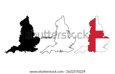 England Map Vector - Country Outline, Flag Inside Map, Blank and Silhouette Version