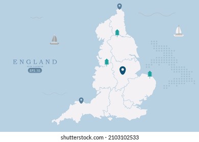 England Map -World Map International vector template High detailed with white color isolated on blue background including simple point of location, tree, boat icon - Vector illustration eps 10