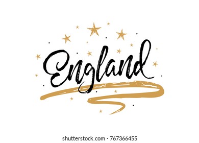 England. Name country word text card, banner script. Beautiful typography inscription greeting calligraphy poster black, gold ribbon, star. Handwritten design modern brush lettering isolated vector
