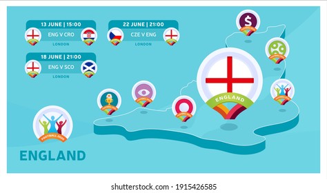 England Nationalmannschaft Matches auf der isometrischen Karte Vektorgrafik. Fußball 2020 Turnier Finale Infografik und Country Info. Offizielle Meisterschaftsfarben und -stil