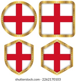 England National Flag Collection Set of Circular, Square, Shield, Hexagon Gold Border Logo Button Icon Vector Design Isolated on White Background