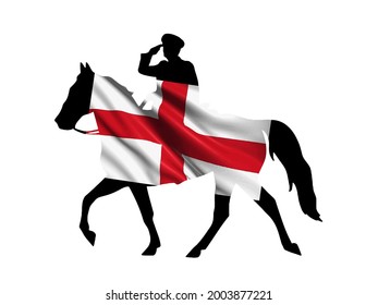 England national flag pinned on stallion horse and officer silhouette