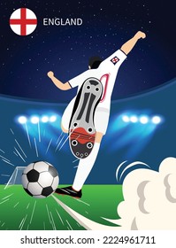 England National Football Team. English Soccer Player Shooting and Kicking Ball. Football soccer player man on the football pitch or football ground. Vector illustration.