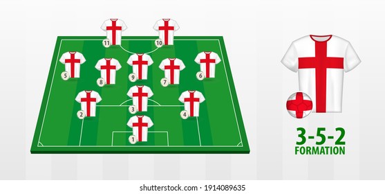 England National Football Team Formation on Football Field. Half green field with soccer jerseys of England team.