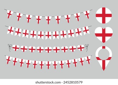 England National holiday, English flag decorative pennants round icon, location pin and heart symbol, set of vector elements