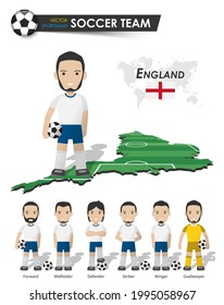England national soccer cup team . Football player with sports jersey stand on perspective field country map and world map . Set of footballer positions . Cartoon character flat design . Vector .