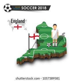 England national soccer team . Football player and flag on 3d design country map . isolated background . Vector for international world championship tournament 2018 concept .