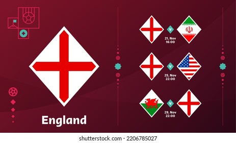 England National Team Plan Spiele in der Endphase der Fußball-Weltmeisterschaft 2022. Vektorgrafik der Fußballweltmeisterschaften 2022...