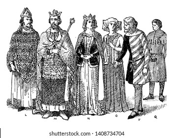 England Nobles Fourteenth Century Fashion where a king with his nobles and bishop wearing embellished clothing typical during the Medieval Ages, vintage line drawing or engraving illustration.