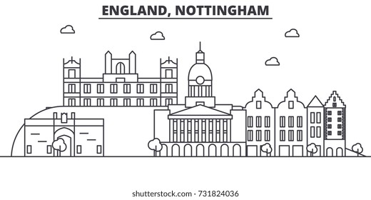 England, Nottingham architecture line skyline illustration. Linear vector cityscape with famous landmarks, city sights, design icons. Landscape wtih editable strokes