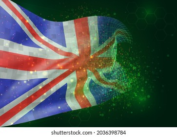 England, on vector 3d flag on green background with polygons and data numbers
