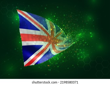 England, on vector 3d flag on green background with polygons and data numbers