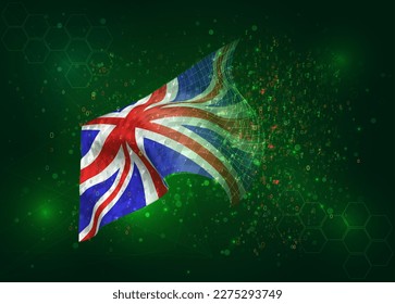 England, on vector 3d flag on green background with polygons and data numbers