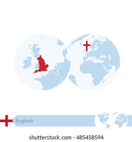 England on world globe with flag and regional map of England. Vector illustration.