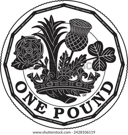 England One pound coin vector design in black color. One pond coin silhouette handmade.