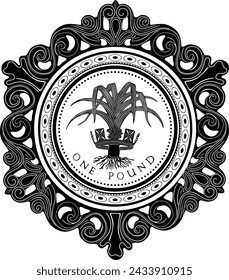 England One Pound Coin with vintage frame vector design. Handmade silhouette black design.	

