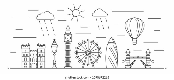 England panorama. Great Britain vector illustration in outline style with buildings and city architecture. Welcome to England.