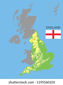 England Is Part Of The UK. Bordered By Northern Ireland, Wales And Scotland. Detailed Physical Map Of Country Colored According To Elevation, With Rivers, Lakes, Mountains.Vector Illustration. EPS 10