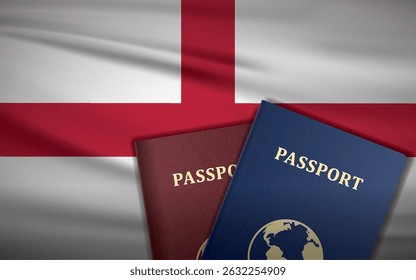 England Passports with England Flag Background	
