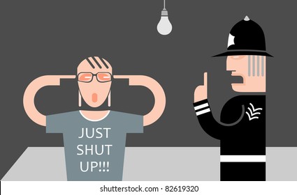 England policeman and teenager - vector illustration. Police is explaining something to a young man, but he refuses to listen to him. Generational conflict