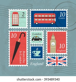 England Postage : Tourist Attraction in Postage Stamps Template : Vector Illustration