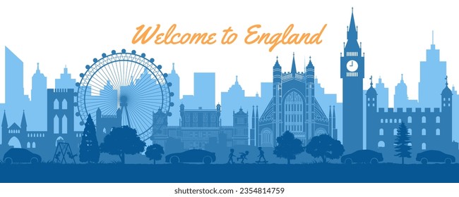 England scenery with famous landmarks by silhouette style,vector illustration