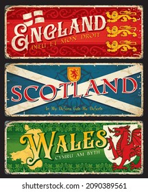 England, Scotland, Wales british regions plates or stickers, vector tin signs. UK Britain metal plates with maps, crest or emblems with slogans and landmark symbols of regions, travel luggage tags