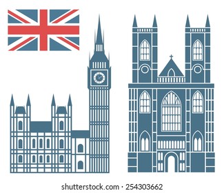 England set. Isolated England architecture on white background