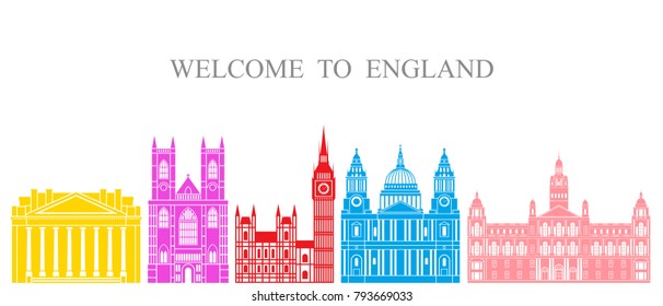 England set. Isolated England architecture on white background