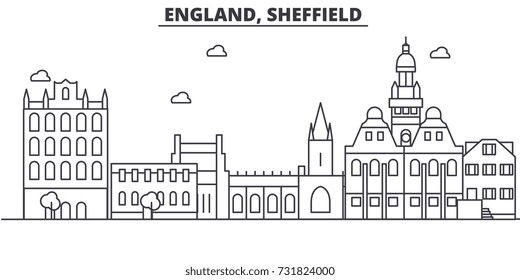 England, Sheffield architecture line skyline illustration. Linear vector cityscape with famous landmarks, city sights, design icons. Landscape wtih editable strokes