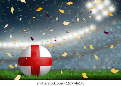 England soccer ball on field in soccer stadium to celebrate for football match result with spot light background. Design for banner, poster of nation championship template in vector illustration