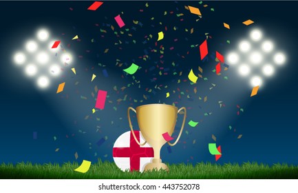 England soccer ball and winner cup with confetti on the field in stadium to celebrate for football match in night time with spot light backdrop, This design for template , banner in vector format