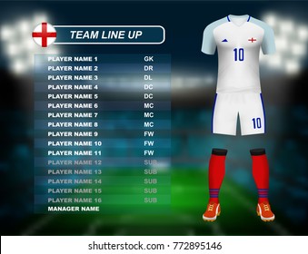 England soccer jersey kit with team line up board on soccer stadium and crowd fan with spot light backdrop on night time. Concept for Europe football result background in vector illustrative