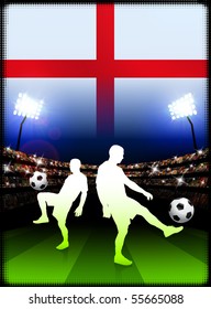 England Soccer Player on Stadium Background with Flag Original Illustration