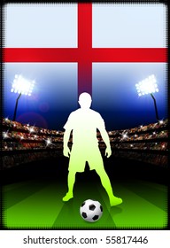 England Soccer Player on Stadium Background with Flag Original Illustration