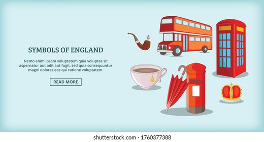 England symbols banner horizontal concept. Cartoon illustration of England symbols banner horizontal vector for web