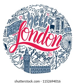 England symbols, landmarks. Hand drawn set with crown, Big Ben, Telephone booth, guard, flag, tea, vector illustration. Handdrawn conceptual illustration on Londonl - lettering and illustrations.