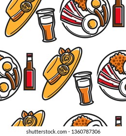 England symbols seamless pattern female hat beer and English breakfast vector headdress drink and food bacon with fried eggs and sausages alcohol beverage in cup and bottle accessory with flowers