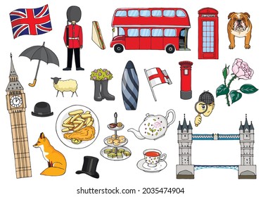 Símbolos de Inglaterra. Puntos de referencia turísticos de Inglaterra y Londres, símbolos nacionales e ilustración alimentaria.