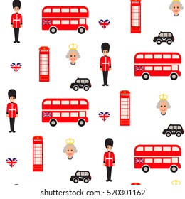 Símbolos ingleses vectorial sin fisuras. El bus de doble decker, el guardarropa, la reina y la cabina telefónica de fondo.