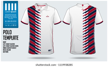 England Team Polo t-shirt sport template design for soccer jersey, football kit or sportwear. Classic collar sport uniform in front view and back view. T-shirt mock up for sport club. Vector.