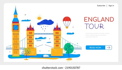 England tour and travelling - flat design style banner with text. High quality colorful images of Big Ben and Tower Bridge. Britain or UK attractions, tourism and summer holidays in Europe idea