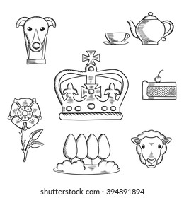 England traditional objects and symbols sketch icons with heraldic tudor rose and park, royal dog and tea set, pie, sheep and Emperor crown