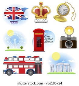 England. Traditional symbols of Great Britain. Set of vector illustrations isolated on white background.