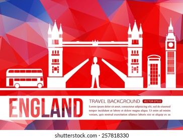 England travel background with place for text. Isolated Great Britain symbols for your design. Vector illustration.