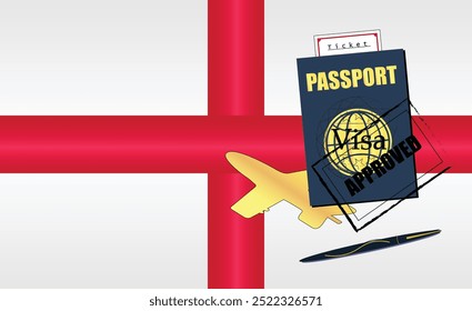 England Travel Documentation Concept with blue Passport and British Flag. Approved Stamp. Airplane and Travel Tickets. Ideal for Immigration Tourism and Traveling Themes. Vector EPS available